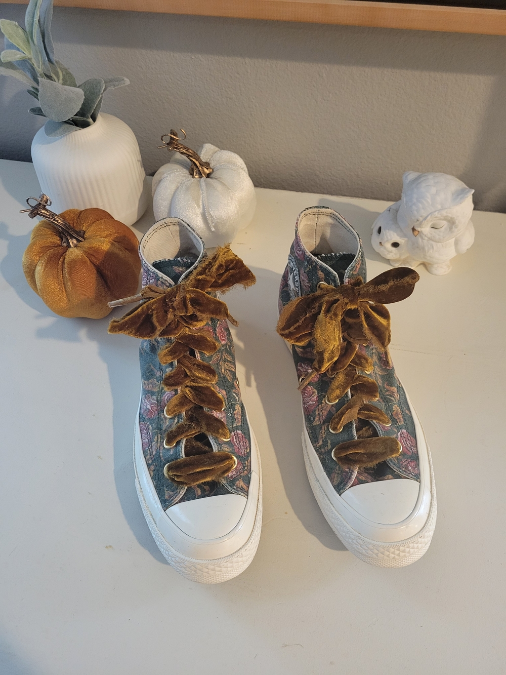Converse High-Top Floral Sneakers with Gold Brown Velvet Laces